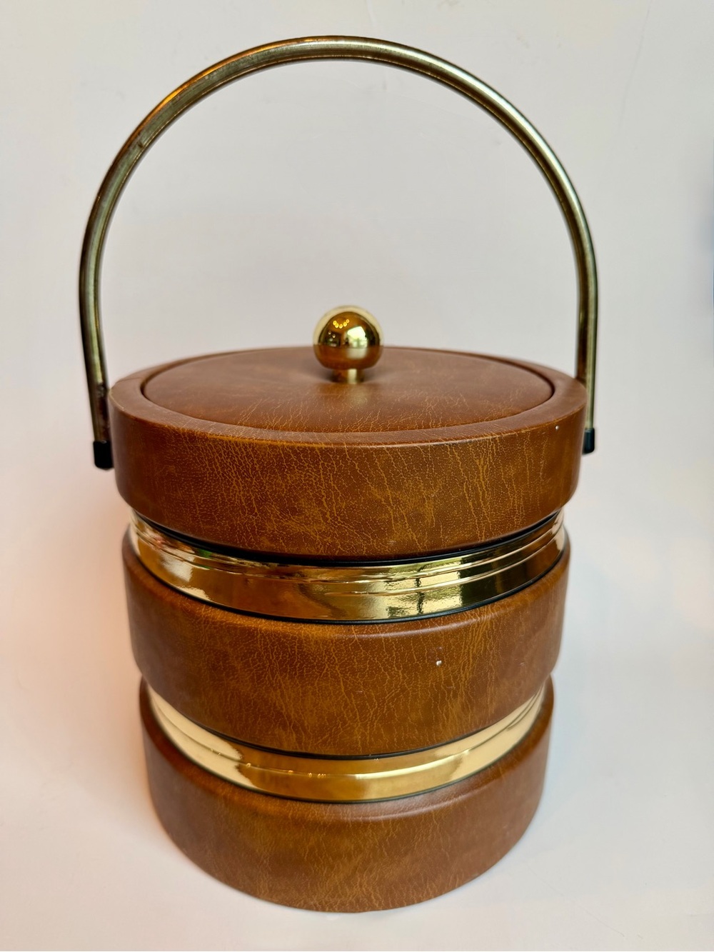 Vintage Faux Leather Ice Bucket Gold Tone Handle Mid Century Barware Brown